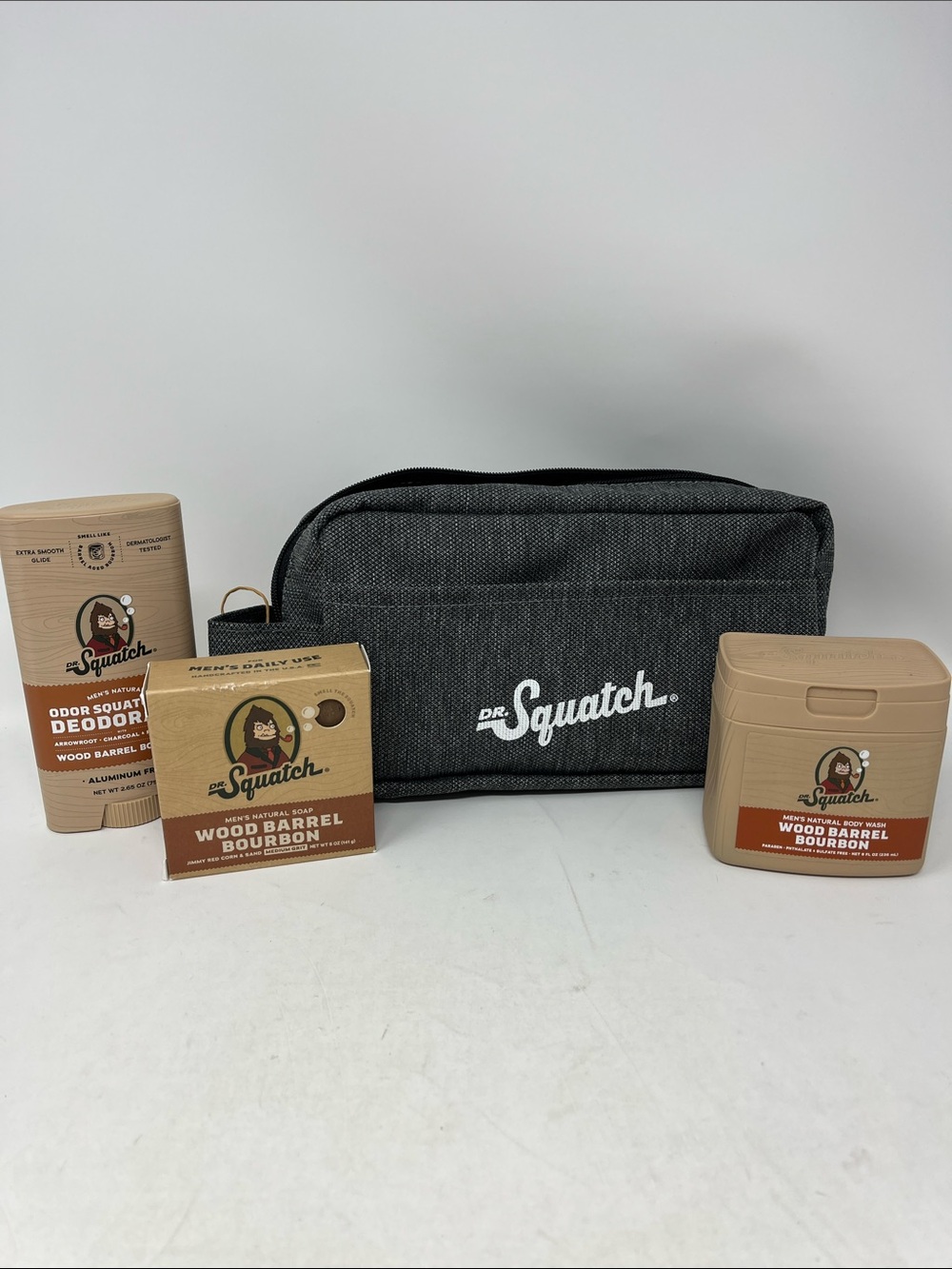 DR. SQUATCH BUNDLE WOOD BARREL BOURBON SOAP BODY WASH DEODORANT ZIP BAG SHIRT - Picture 2 of 15
